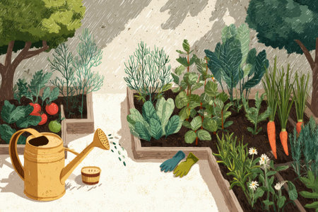 Fresh vegetables thrive in a garden patch, where a watering can nourish the plants. Garden gloves rest nearby, ready for planting and care.の素材