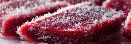 Frost crystals adorn vacuum-sealed frozen steaks, highlighting the delicate frost formation in a perfectly clean setting, demonstrating freezing preservation.の素材