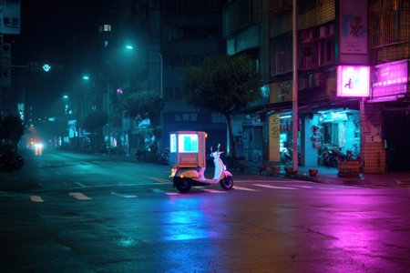 A brightly lit delivery scooter stands on a deserted road, surrounded by neon signs in a quiet urban area at night, emphasizing the stillness and glow.の素材