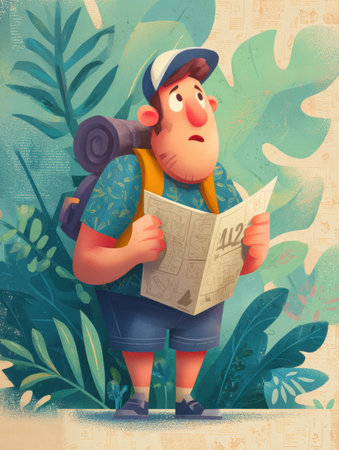 Character with a backpack surveys a detailed map, appearing confused amidst vibrant foliage that reflects a tropical environment and a 404 error theme.の素材