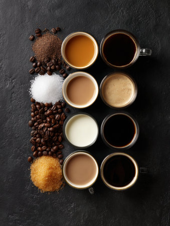 Different coffee drinks are organized by their caffeine levels alongside various types of sugar and coffee beans, showcasing a coffee lovers selection.の素材