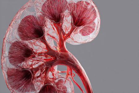 Cross-section reveals intricate 3D kidney structure, highlighting smooth blood vessels and a transparent left area for enhanced visual clarity.の素材