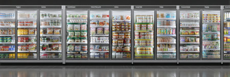 Frozen food aisle displays neatly arranged shelves containing a variety of frozen meals, snacks, and prepared foods, inviting customers to shop conveniently.の素材