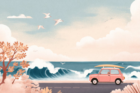 A pink car drives along the coast, waves crash against the shore, while seagulls soar above, creating a serene atmosphere of seaside exploration.の素材