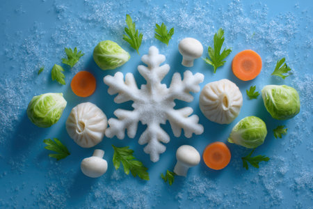 Frozen dumplings and fresh vegetables arranged around a snowflake on a bright blue surface create a seasonal culinary display showcasing winter flavors.の素材
