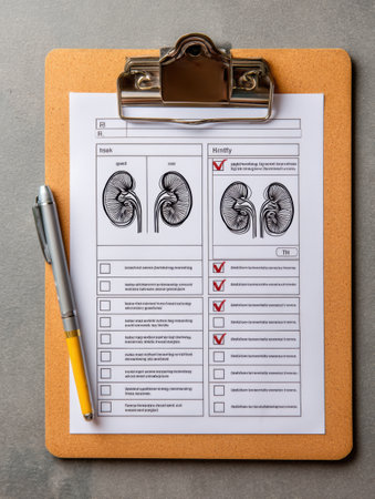 A clipboard holds a detailed kidney function checklist, with a pen positioned beside it, ready for a health assessment or review.の素材