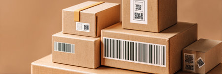 Labeled boxes are arranged with barcodes and fragile stickers, highlighting a clean and minimalistic presentation suitable for shipping and storage activities.の素材