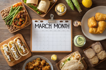 Calendar highlights March as Frozen Food Month, surrounded by an array of appetizing frozen and fresh foods, showing various cuisines and flavors.の素材