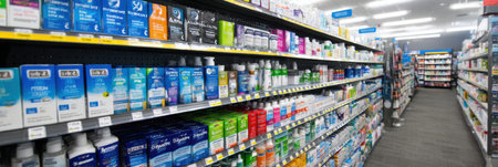 A well-stocked pharmacy aisle showcases a range of products marked with color-coded safety labels, ensuring easy identification and organization for shoppers.の素材