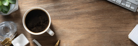 Crossed-out coffee mug sits beside a bottle of water on a spotless desk with a keyboard and plant, creating a serene environment for effective work.の素材