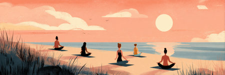 People practice yoga and meditation on a sandy beach at sunset, surrounded by calming waves and a warm, colorful sky.の素材