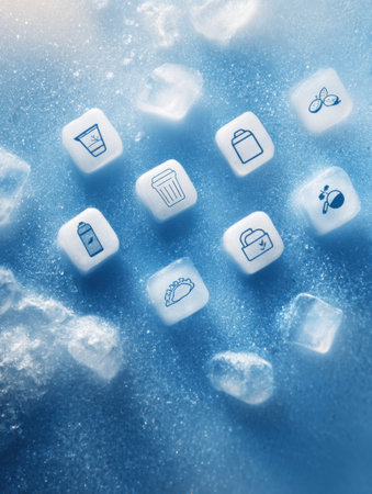 Frozen food brand icons are arranged symmetrically against an icy gradient backdrop, showing various products in a clean and modern layout.の素材