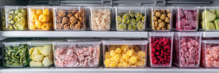 Modern freezer features neatly arranged frozen fruits, vegetables, and meals in transparent containers for optimal visibility and organization.の素材