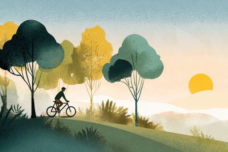 A peaceful bicycle ride takes place in the countryside at golden hour, showing gentle hills and soft tree outlines under a warm sunset glow.の素材