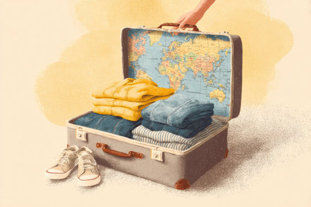 Traveler packs a suitcase with neatly folded clothes and travel maps, highlighting the excitement of planning a journey to new destinations.の素材