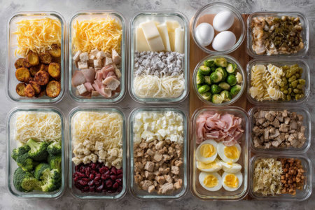 Colorful meal prep containers display frozen breakfast items for a tidy and convenient morning meal preparation set up.の素材