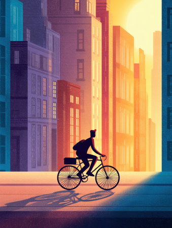 A cyclist pedals along a city street bathed in warm sunrise hues, showcasing urban architecture that reflects a fresh morning vibe of daily commutes.の素材
