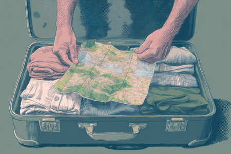 A traveler organizes clothes and a map into a suitcase, preparing for a journey filled with exploration and discovery in a new location.の素材