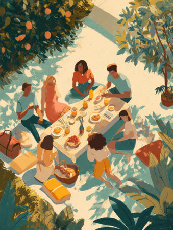 Gathered friends share laughter and delicious food under a blue sky, enjoying a summer brunch in a vibrant garden filled with sunlight and plants.の素材