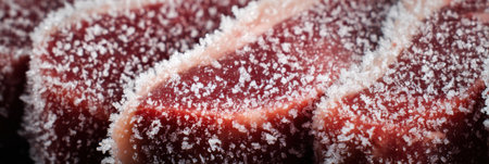 Close-up view of frost crystals on vacuum-sealed steaks illustrates the chilling process and preservation techniques used in meat storage.の素材