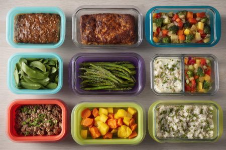 Colorful containers filled with diverse meals provide a convenient freezer-to-oven solution, perfect for busy weeknight dinners or meal prepping.の素材