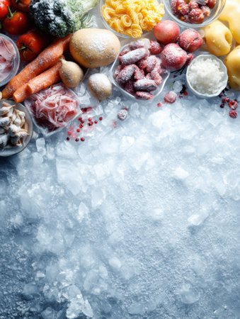 Clean typography highlights the importance of frozen food on a frosty backdrop filled with diverse frozen ingredients, encouraging better food choices.の素材