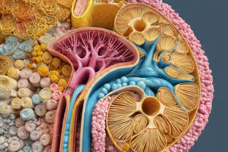 This visual exhibits a 3D cross-section of nephron structure, illustrating renal components and emphasizing the well-defined left zone with detailed textures.の素材