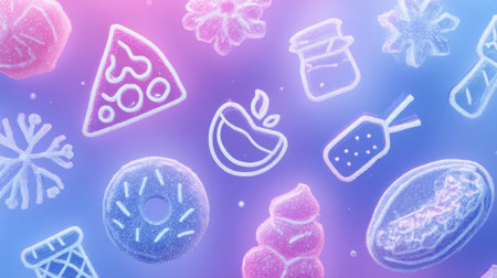 Colorful icons of frozen foods are showcased on a cool gradient background, providing a visually appealing arrangement emphasizing frozen meal choices.の素材