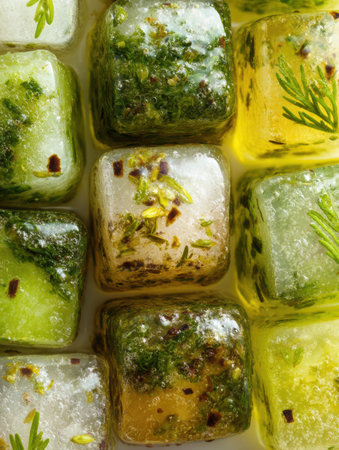 Frozen herbs infused in olive oil are displayed in clear cubes, highlighting vibrant colors and textures. This unique food preparation method enhances flavors.の素材