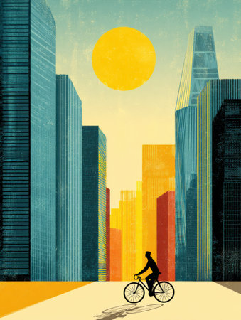 Cyclist navigates a vibrant city street as the sun rises, casting warm light on tall buildings. The urban landscape creates a dynamic commuting experience.の素材