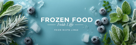 Promotional banner features the theme of frozen food for a fresh life, highlighting fresh herbs and berries on a clean, light background.の素材