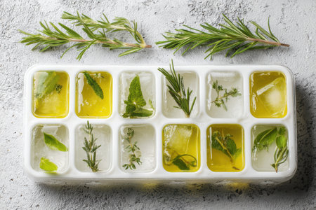 Brightly arranged herbs and oil in an ice cube tray provide a convenient way to preserve flavors for cooking at home throughout the year.の素材