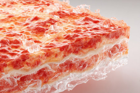 3D render displays a close-up of frozen lasagna, highlighting its icy texture and distinct layers of pasta, sauce, and cheese, creating an appetizing view.の素材