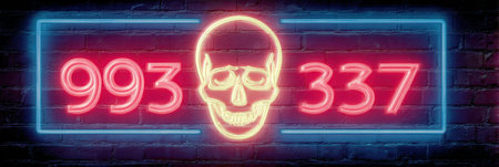 A bright neon poster with a skull and emergency number stands out against a dark brick wall, creating a striking visual impact.の素材