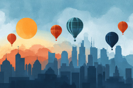 A stunning sunrise illuminates a city skyline, while colorful hot air balloons drift peacefully in the sky, adding vibrancy to the morning scene.の素材