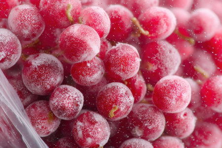 Frost-covered berries in a ziplock bag showcase their vivid colors and delicate icy coating, capturing winters beauty.の素材