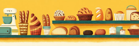 Illustration showcases an inviting bakery shelf adorned with an array of breads and pastries, highlighting the artistry of baking in a bright settingの素材