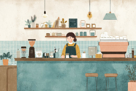 Barista stands at a tidy coffee shop counter, serving drinks from an espresso machine in a charming and organized space filled with decor.の素材