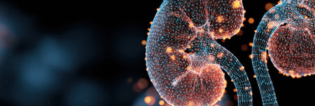 Highlighting the intricate structure of kidneys as visualized in a mesh format with data points, set against a clear sky background for clarity.の素材