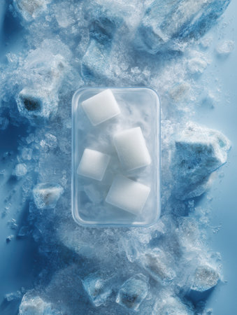 Captivating design showcases clean typography and ice cubes on a frosty background, highlighting the importance of frozen food in an appealing manner.の素材