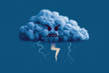 A cloud showing an angry expression emits lightning bolts while displaying an error code. The right margin is left clear for added focus.の素材