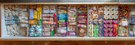 Overhead view of neatly arranged freezer shelves filled with assorted food items, showing an open section ready for additional items or access.の素材