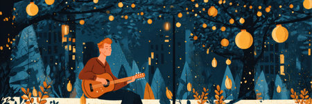 A musician plays guitar on a bench, surrounded by vibrant fairy lights, plants, and a peaceful city backdrop.の素材