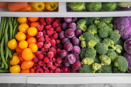 Open freezer drawer showcases a vibrant assortment of frozen vegetables and fruits, emphasizing organization and freshness for healthy cooking options.の素材