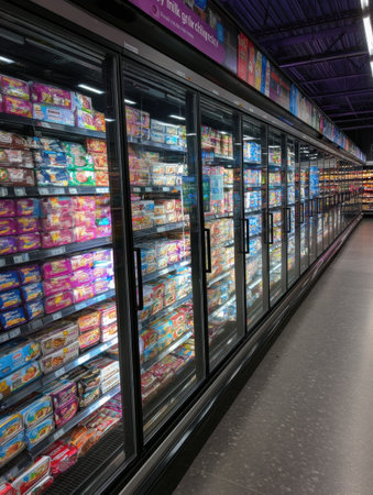 Customer engages with a digital touchscreen to select frozen family packs in a well-organized supermarket aisle distinguished by various product offerings.の素材