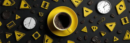 A coffee cup sits on a vibrant yellow saucer, surrounded by caution signs and clock icons, emphasizing the significance of time management in daily routines.の素材