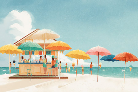 Visitors gather around a lively beach stand, enjoying ice cream while colorful umbrellas provide shade on a bright, sunny day by the ocean.の素材