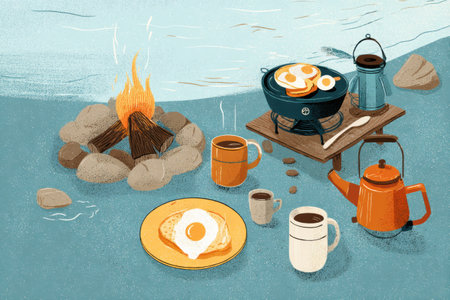 Enjoying a camping breakfast with eggs cooking over a fire pit, warm coffee served in mugs, and a serene lakeside setting creates a peaceful morning.の素材