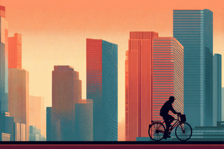 Cyclist rides by modern buildings illuminated by a vibrant sunrise, creating a peaceful atmosphere in the bustling city.の素材