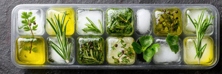 An ice cube tray filled with herbs and oil sits against a bright surface, allowing for easy freezing and adding fresh flavors to dishes.の素材
